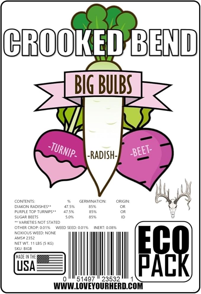 Crooked Bend, Big Bulbs, Bulk Fall Food Plot Seed Mix for Whitetail Deer & Wild Turkey, No Till & No Plow, Throw & Grow Radish, Turnip & Sugar Beet Seeds