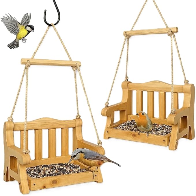 CEDAR ALPHA 2pk Cedar Swing Birdfeeder,Traditional Regency Seat Style, Solid Wood Hand Curve Cutting, Rustic Proof Metal Mesh Tray, Bird Feeder for Outside, BJD Dolls Swing