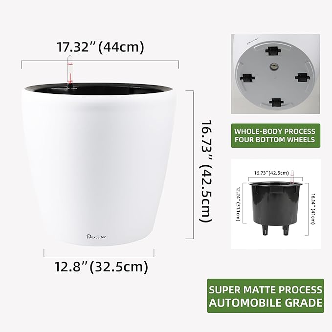 Dexceder 18x17 Self Watering Planter with Wheels (White Matte) | Inner Pot Design, Thickened Large Floor Standing Flower Plant Pot with Water Level Indicator Indoor Outdoor