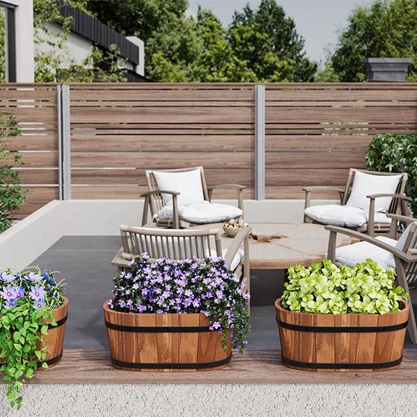 Hanging Wooden Flower Pots, Railing Planter for Any Balcony, Porch or Deck Countryside Style with Detachable Hooks for Garden Yard Home Decor (Brown)