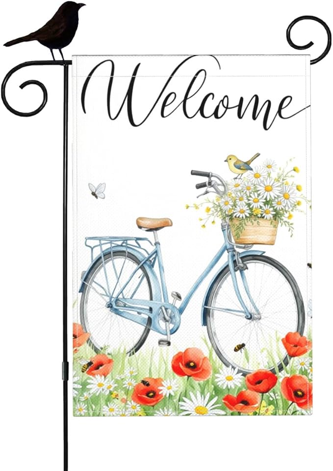 Mugod Bike Garden Flag 12.5x18" Vertical Double Sided, Watercolor Wildflowers Spring Summer Yard Garden House Flag for Outdoor Indoor Decoration