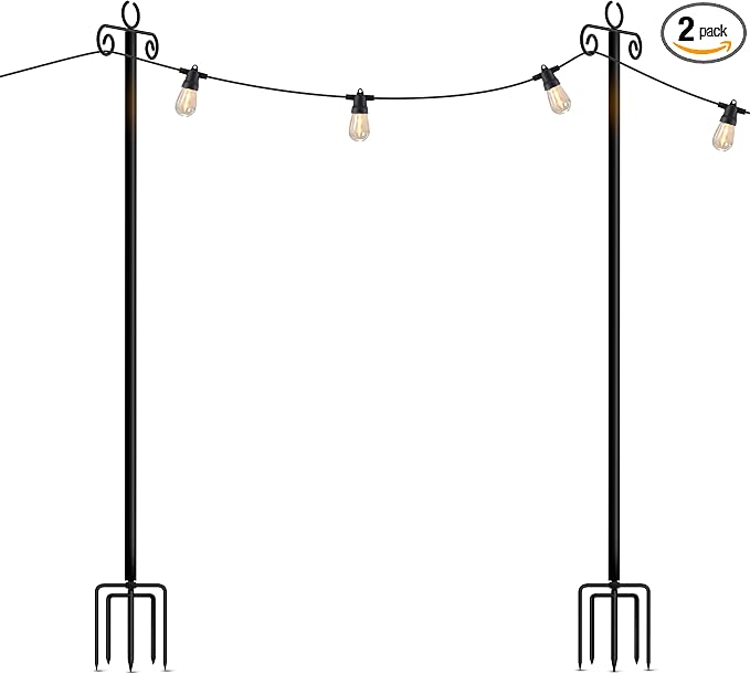 Brightech 2-Pack 10FT String Light Poles for Outdoor Use, Heavy Duty Metal Poles with Fork Base for Hanging Patio Lights, Adjustable for Garden, Backyard, Porch, or Fence Lighting Decor