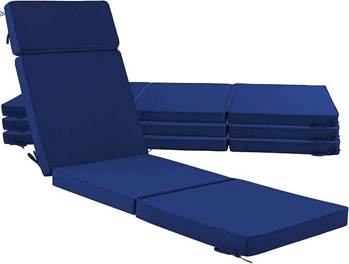 80 x 26 Inch Outdoor Chaise Lounge Cushions Set of 4 - Removable Cover, 4-Section Design, Water-Repellent & Fade-Resistant, 6 Tie Straps, Replacement for Patio & Pool Chairs - Navy
