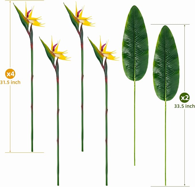 Artificial Bird of Paradise Flowers Real Touch 31.5'in Long Stem Flower 4 Pcs, with Bird of Paradise Leaves 33.5'in Long Stem Greenery Plants 2 Pcs,for Home Garden Wedding Party Decor (Yellow 6 Stems)