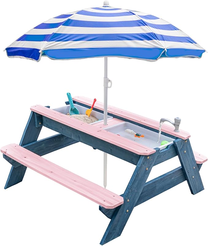 Kids 3-in-1 Sand & Water Table, Wood Outdoor Convertible Picnic Table w/Umbrella, 2 Trays, Removable Top with Faucet, Picnic Table for Outdoor Playset (Pink/Navy)