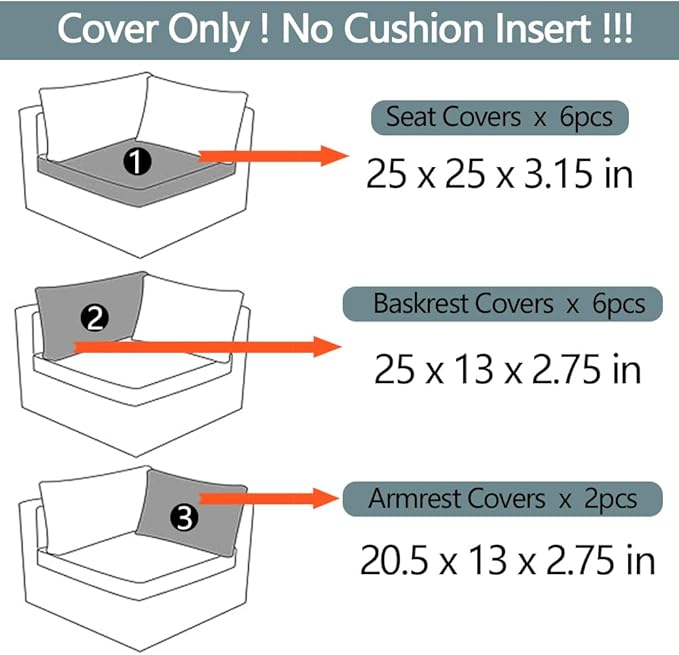 14Pcs Outdoor Cushion Covers Replacement Washable w/Zipper for 6-Seaters Sofa Patio Slipcovers Set Seat and Back Covers Only-25x25x3.15inch
