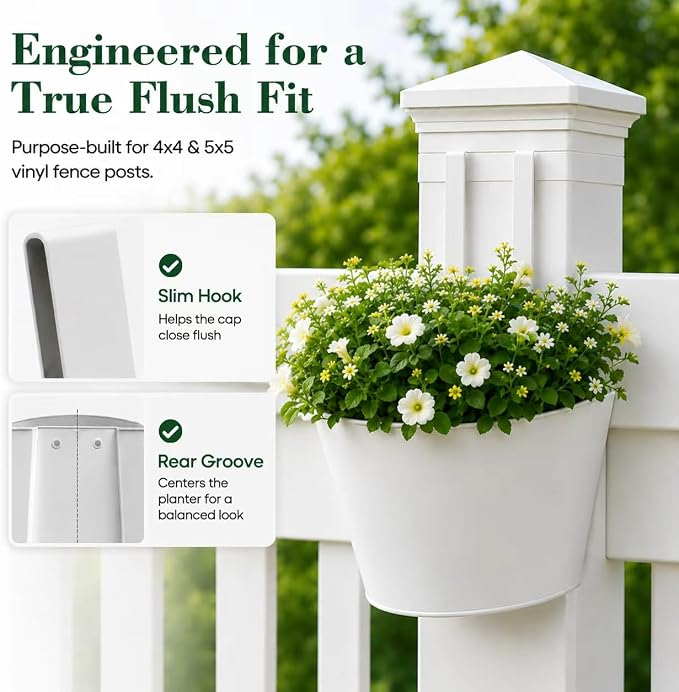 2 Pack White Metal Fence Post Planter for 4x4 & 5x5 PVC Vinyl Fence, No-Drill Hanging Flower Pots for Outdoor Plants, Flush Fit Planters with Drainage for Garden Yard Outdoor Decor