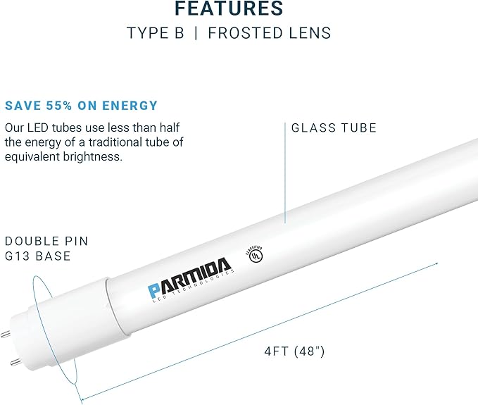PARMIDA 20-Pack 4FT LED T8 Ballast Bypass Type B Light Tube, 18W, UL-Listed for Single-Ended & Dual-Ended Connection, 2200lm, Frosted Lens, T8 T10 T12, UL, FCC - 3000K