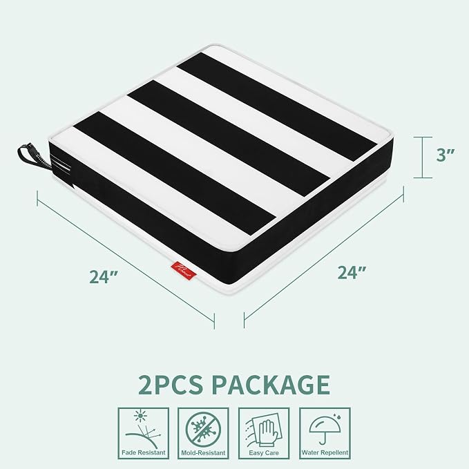 Patio Chair Cushions 24x24 Inch, Water Repellent Outdoor Seat Cushions with Adjustable Straps, Fade Resistant Replacement Cushions for Garden Deck Sofa Couch, Set of 2, Black White
