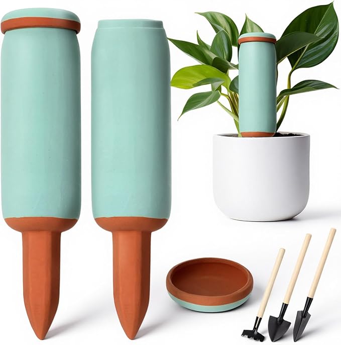 5 Pcs Large Terracotta Watering Spikes Set with Lids 17.5 oz Plant Watering Devices with Mini Shovel Self Water Spikes Plant Globes Insert Gardening Tools for Indoor Outdoor