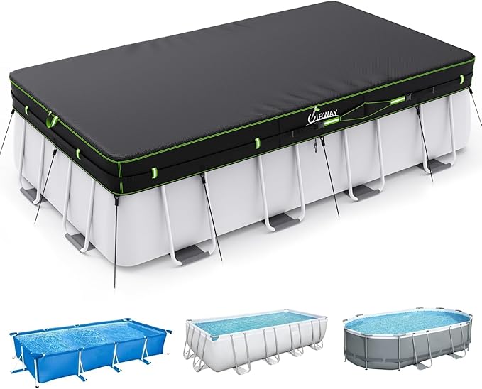 UIRWAY 12x24 FT Rectangular Pool Cover with Reflective Strips, Swimming Pool Cover for Above Ground Pool, Solar Cover Including Rope Tie and Luminous Ground Nails for Rectangular or Oval Pools