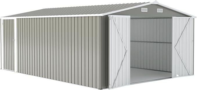 YOPTO 10x14 FT Outdoor Storage Shed, Extra Large Metal Garden Shed with Waterproof Roof, 4 Vents and 3 Lockable Doors,All-Weather Tool Shed Storage House for Backyard, Patio, Lawn,Light Grey