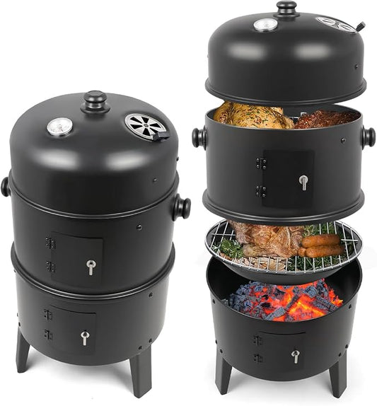 Charcoal BBQ Smoker, 16 Inch Heavy Duty Grill with 2 Cooking Area and Thermometer, 4 In 1 Vertical Smokers Grill for Outdoor Camping Backyard Picnic Party