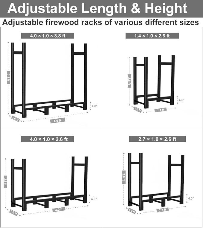 4ft Firewood Rack Adjustable Heavy Duty Fire Wood Stand Holder for Outdoor Indoor Fireplace Log Storage, Metal Lumber Stacker Organizer, Black