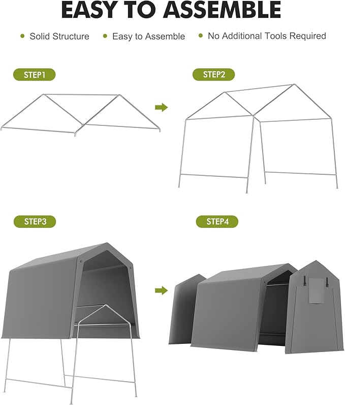 6x6 ft Carport Storage Shed, Portable Garage Tent with Roll-Up Zipper Door, Waterproof Heavy Duty Tarp Canopy, Vented Front & Back, for Motorcycle Bike Firewood Tools Outdoor Storage Shelter