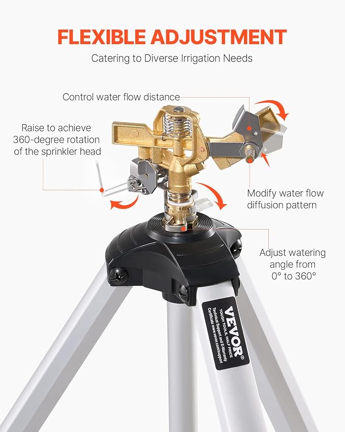 VEVOR Impact Sprinkler on Tripod Base, Heavy Duty Tripod Sprinklers with Brass Head & 3/4" Connector, 360 Degree Large Area Coverage Irrigation Sprinkler, Adjustable Heights, for Yard Gray