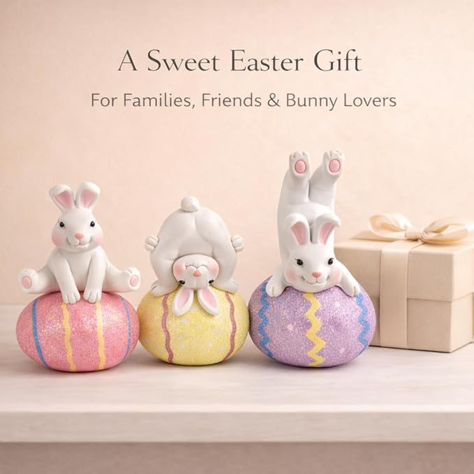 GoGnome Easter Decoration Indoor, Set of 3 Resin Easter Bunny Figurines on Pastel Eggs – 6.5''H Playful Rabbit Spring Decor for Shelf, Mantel & Tabletop (Pink/Yellow/Purple)