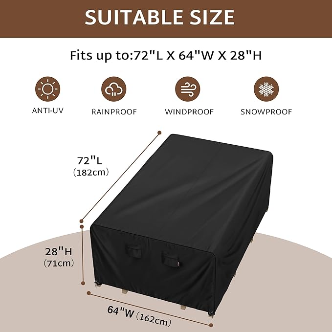 iBirdie Outdoor Patio Furniture Set Covers 72 x 64 inch fit 5 x 6 ft, 60, 62 inch Wide, Waterproof Weatherproof Rectangular Cover, Heavy Duty 600D for Outside Dining Table and Chairs
