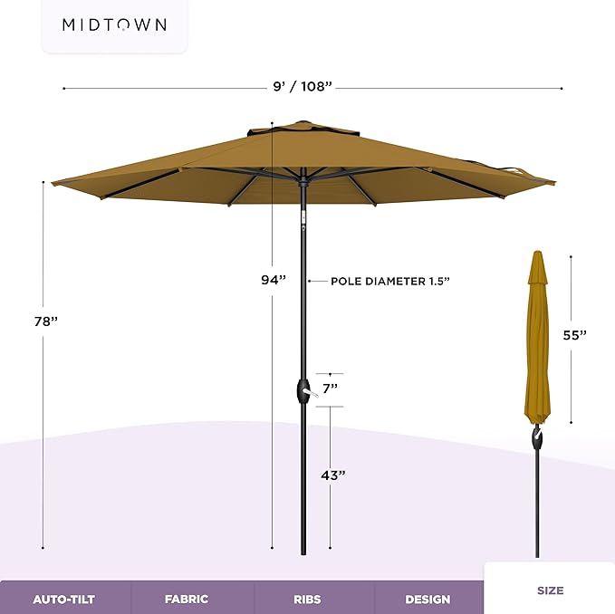 Midtown Umbrellas - 10-Year-No-Fade 9 Ft Patio Umbrella with Terylast Fabric, Auto-Tilt Aluminum Frame and 8 Reinforced Ribs for Deck, Pool, Garden & Beach - Sand Tan Canopy, Black Pole