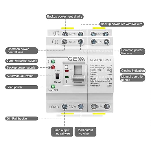 GEYA Mini ATS Dual Power Automatic/Manual Transfer Switch, Over & Under Voltage Protection Solar Auto Switch Uninterrupted Power Din Rail(4Pole 25A AC220V)