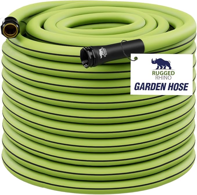 RUGGED RHINO Heavy Duty Garden Hose 50ft x 5/8in, Anti-Kink and Leakproof, Durable 4-Layer Construction, 500 PSI Burst, All Weather Outdoor Watering for Lawn, Garden, Flowers, Green and Black