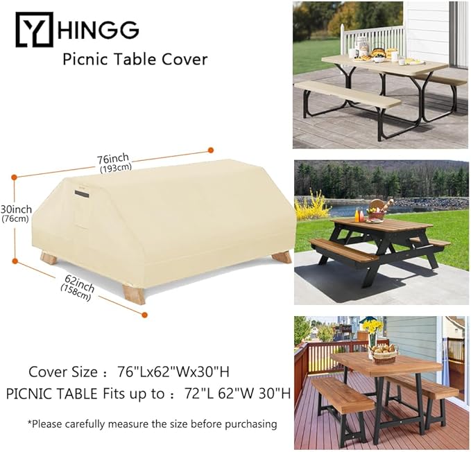 Picnic Table Cover Waterproof 70/72 Inch 600D Oxford Outdoor Table Cover with Bench Covers for Winter DustProof Heavy Duty (Beige, 6FT-70/72inch)