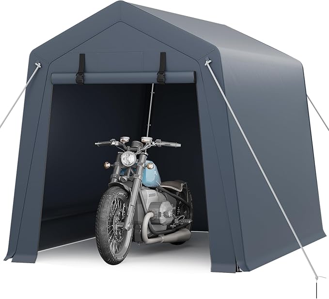 GarveeLife Portable Outdoor Storage Shed with Roll-Up Zipper Door & Vent, 240G Heavy-Duty Shelter Waterproof PE Tarp, UV-Resistant Carport for Motorcycle, Firewood, Tools (Gray, 6'x8')