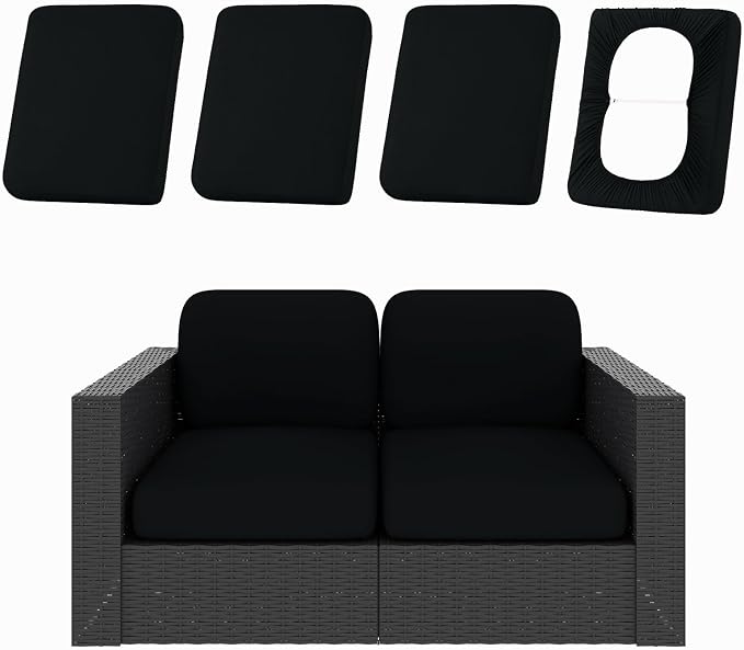 hyha 4Pcs Patio Cushion Covers, Stretch Outdoor Couch Cushion Covers Replacement, Washable Outdoor Chair/Sofa Slipcovers for Patio Furniture Cushions Protector with Elastic Bottom(Black,Cover Only)