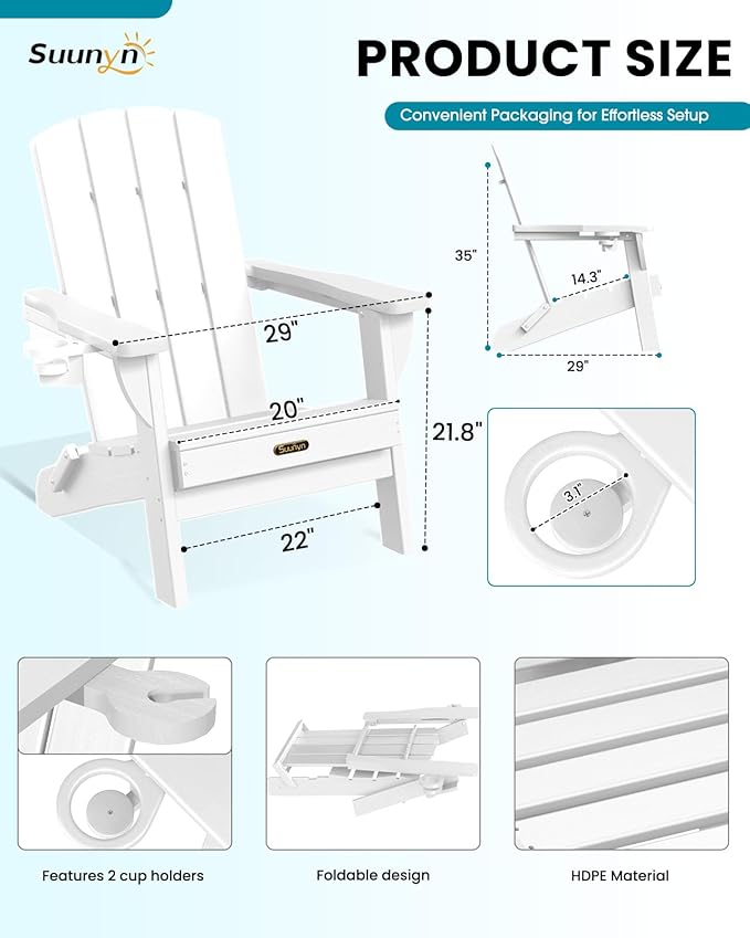 Folding Adirondack Chair 6 Pack, HDPE All-Weather Fire Pit Chairs, Plastic Adirondack Chairs with 2 Cup Holder, Outdoor Lawn Chair for Patio Garden (White)