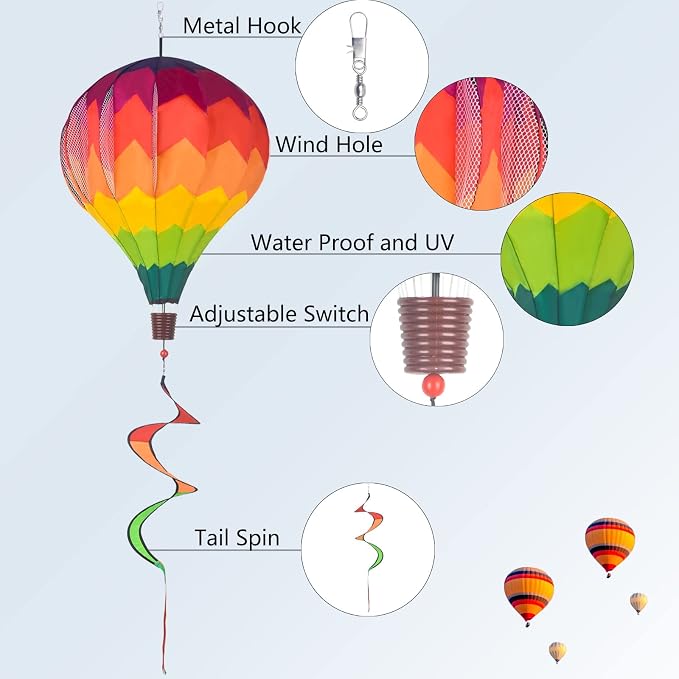 2Pack Multicolor Hot Air Balloon Rainbow Wind Spinner Garden Decor, 59" H x 12" W, Nylon, UV & Weather Resistant, Fully Collapsible