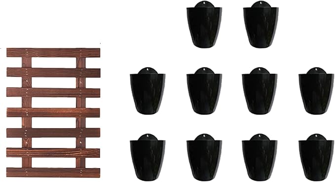 ShopLaLa Bundle - 4 Inch Black Self Watering Pots x 10 Pack+ Wooden Plant Holder, Indoor Vertical Wall Garden, Living Plant Wall Herb Garden Vertical System, Wall Mount Hydroponic Wall Pots