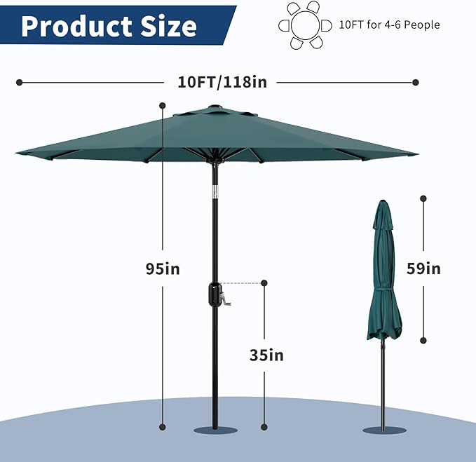 Garvee 10 ft Patio Umbrella - 8 Sturdy Ribs Outdoor Table Umbrella with Crank Lift & Push Button Tilt - Market Umbrella for Pool, Deck, Yard, Garden - Turquoise