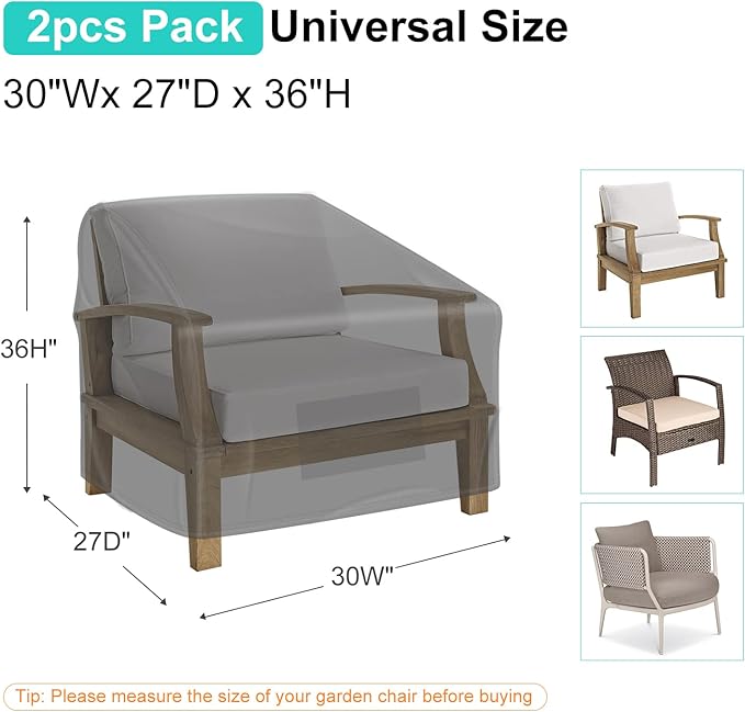 Patio Chair Covers for Outdoor Furniture Waterproof 2 Pack, Lawn Chair Covers 600D Heavy Duty Oxford Cloth, Large Covers for Lounge Lawn Deep Seat Black 30" W×27" D×36" H