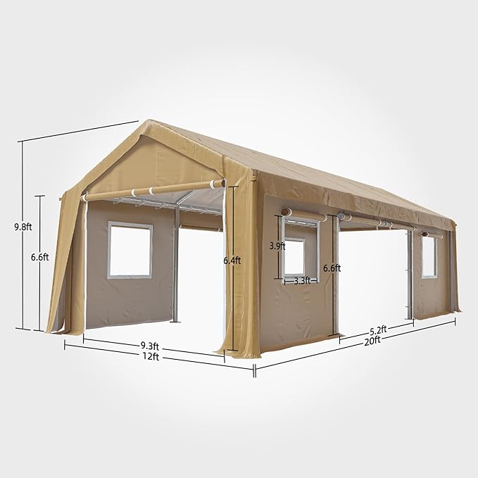12x20FT Heavy Duty Carport Canopy 4 Roll-Up Doors & 4 Windows Portable Garage All-Season Outdoor Storage Shed for Car Truck Boat Shelter Party Tent, Yellow
