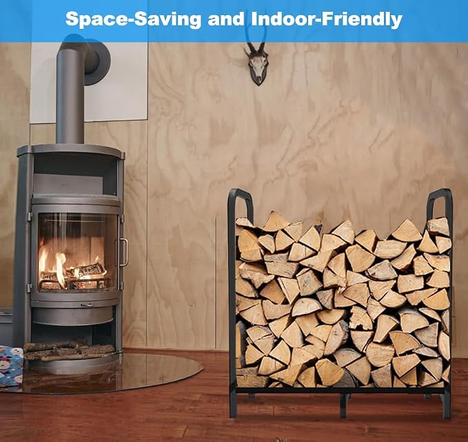 2.8ft Firewood Rack Holder, Adjustable Heavy Duty Fire Log Stacker Stand for Fireplace, Outdoor Indoor Metal Wood Pile Storage Organizer, Patio Logs Stand tool, Black