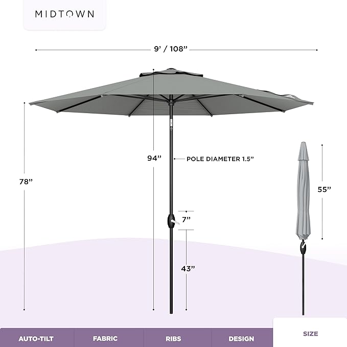 Midtown Umbrellas 10-Year-No-Fade - 9 Ft - UV Proof Matter Grey Polyester Fabric - Umbrella Outdoor Patio, Auto-Tilt Aluminum Frame Patio Umbrella for Garden, Pool & Deck - Black Pole
