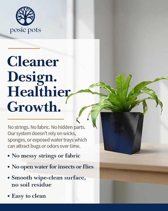 Posie Pot Medium Twisted Square - Self Watering Planter 5x5 Inch - Indoor Plant Pot with 30 Day Reservoir - 3D Printed Bioplastic - No Guilt Plant Care - Made in USA, Black