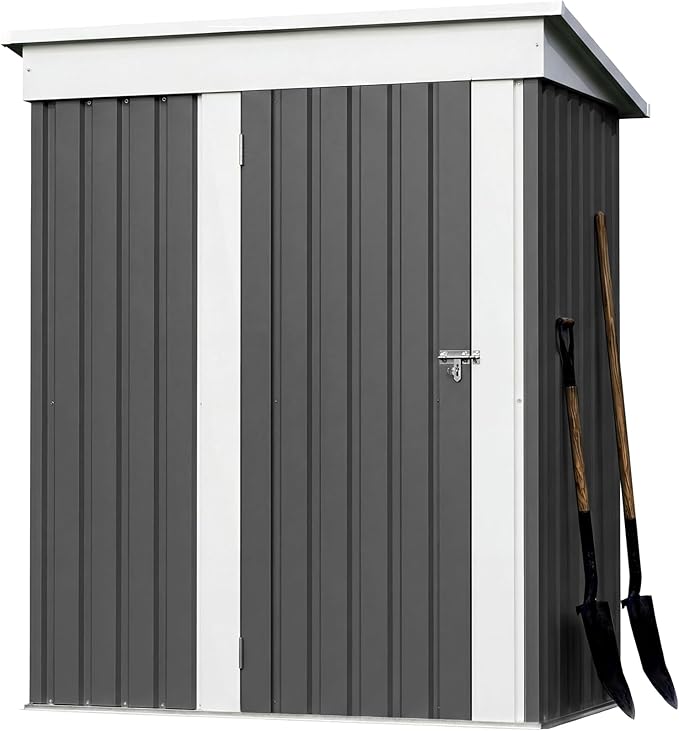 Greesum 5x3FT Outdoor Storage Shed with Base, Utility Tool Shed with Sloping Roof, Metal Storaged Garden Shed with Door & Lock for Patio Storage, Gray