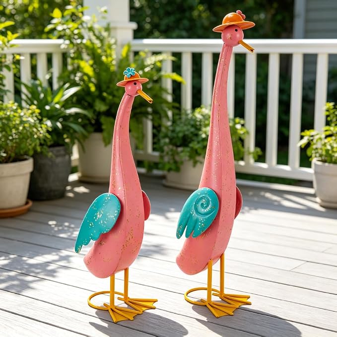 22" Duck Garden Statue Set of 2 Metal Ducks | Outdoor Decor Porch Animal Figurine Yard Art Sculptures Rustproof Lawn Ornament for Outside Patio Backyard Decorations