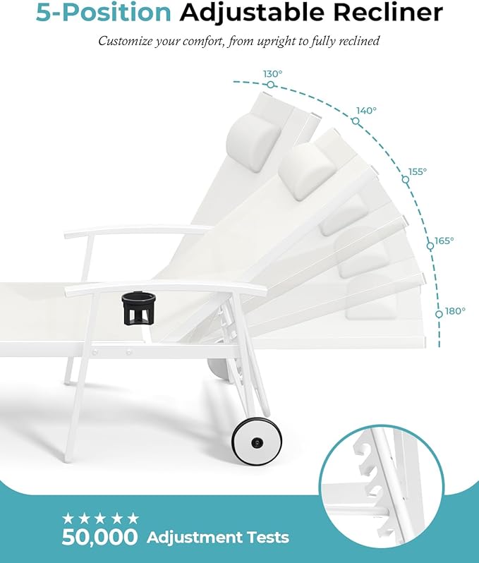 Ciokea Outdoor Lounge Chair with Pillow Set of 2, 5-Position Aluminum Chaise Lounge with Wheels & Armrests, 400 lbs Heavy Duty Patio Pool Chair for Backyard, Deck, Beach & Poolside, White
