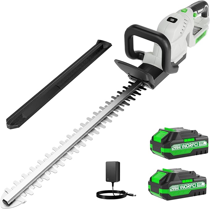 20-Inch Cordless Hedge Trimmer (Includes 2 Batteries and Charger), Electric Handheld Bush Trimmer, 180° Rotatable Handle, Grass Shrub Trimmers, Lightweight & Compact White