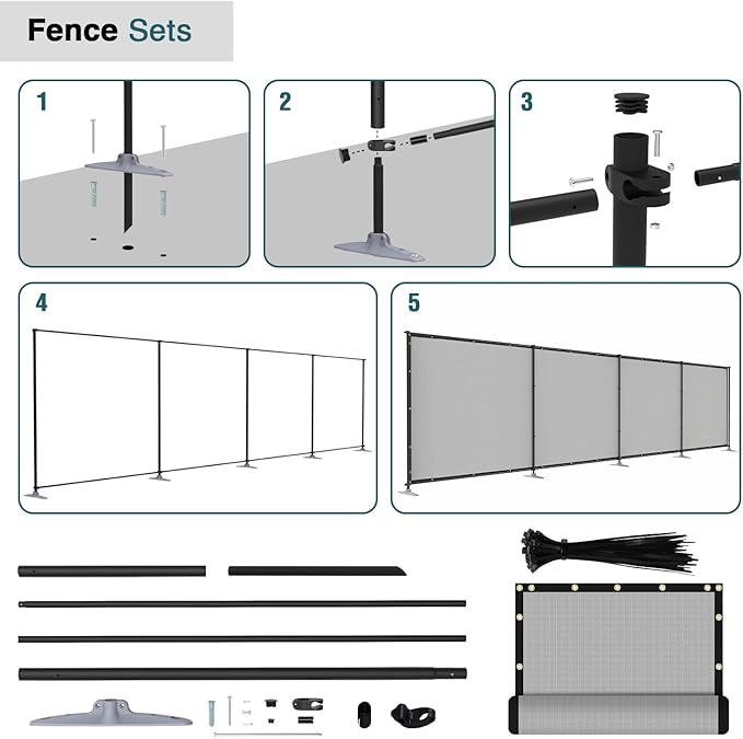 ECOOPTS 5'Hx113'L Privacy Fence Set with Poles and Rails Ground Spikes Fence Kit for Patio Garden Pool Yard (Light Gray)