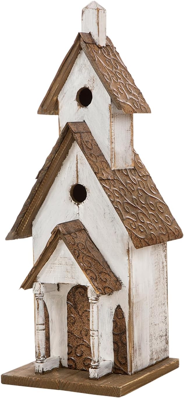 Glitzhome Bird Houses for Outdoors,23.62" H Church Birdhouse Rustic Tall Hand Painted Wooden Bird House White Extra-Large Bird House for Outside