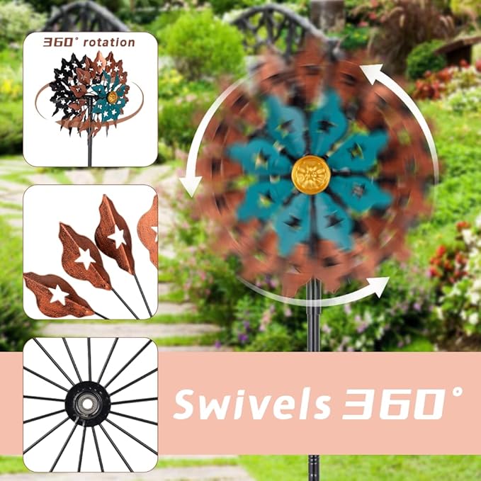 Viveta Kinetic Wind Spinner, 13" Dia Metal Wind Sculptures, 360 Degrees Rotating Windmill for Yard and Garden