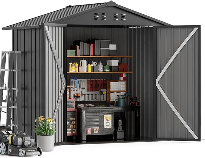 COMHOMA Shed Outdoor Storage Shed Metal,Lockable Doors Tool Sheds with Sloping Roof,Steel Garden Shed with Air Vent for Backyard,Patio,Lawn,Poolside(Grey,6'x4')