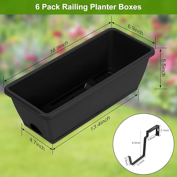 6 Pack Deck Railing Planter Boxes Black Window Boxes Planter Boxes with Adjustable Brackets, Outdoor Garden Fence Planters with Drainage Holes for Flowers, Herbs, Strawberry