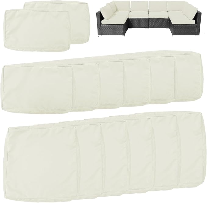 14Pcs Outdoor Cushion Covers Replacement Washable Waterproof UV w/Zipper for 6-Seaters Sofa Patio Slipcovers Set Seat and Back Covers Only (Creamy Beige, 25.6x25.6inch)
