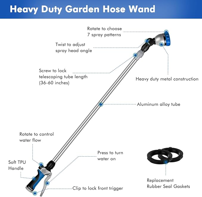 RESTMO 36”-60” Metal Watering Wand, Long Telescopic Tube | 180° Adjustable Ratcheting Head | 7 Spray Patterns | Flow Control, Perfect Garden Hose Sprayer to Water Hanging Baskets, Shrubs, Blue