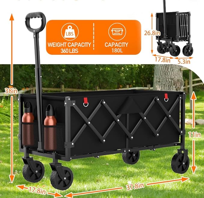 Extra Long Wagons Carts Foldable, 360LBS Heavy Duty Collapsible Wagon with Wheels, Folding Wagon Portable Utility Cart for Groceries, Shopping, Camping, Sports