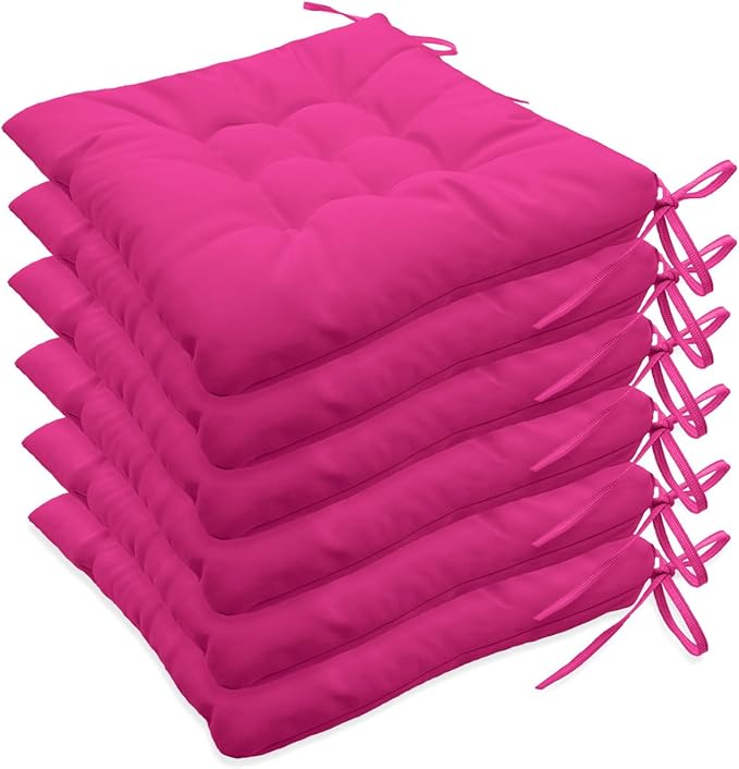 Outdoor Indoor Tufted Chair Cushions, Seat Cushions with Ties, Chair Pads Waterproof for Porch Kitchen Office Garden Hot Pink 16" x 16", Set of 6